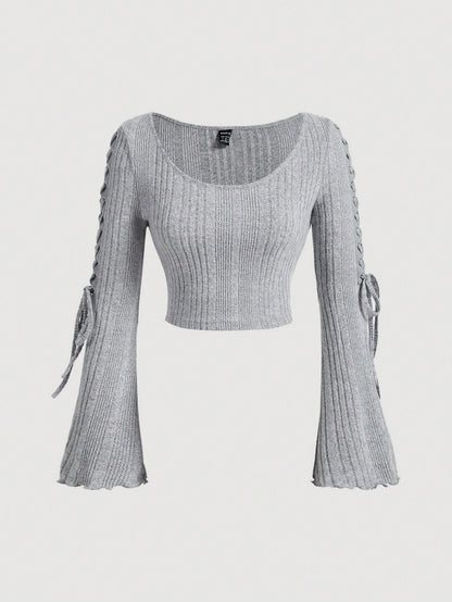 SHEIN MOD Camiseta de manga larga con cuello redondo acanalado y lazo, de felpa para mujer para otoño e invierno