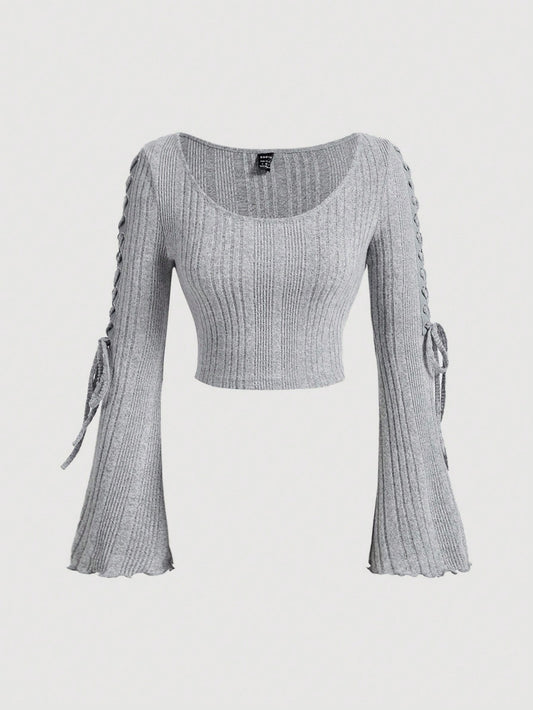 SHEIN MOD Camiseta de manga larga con cuello redondo acanalado y lazo, de felpa para mujer para otoño e invierno