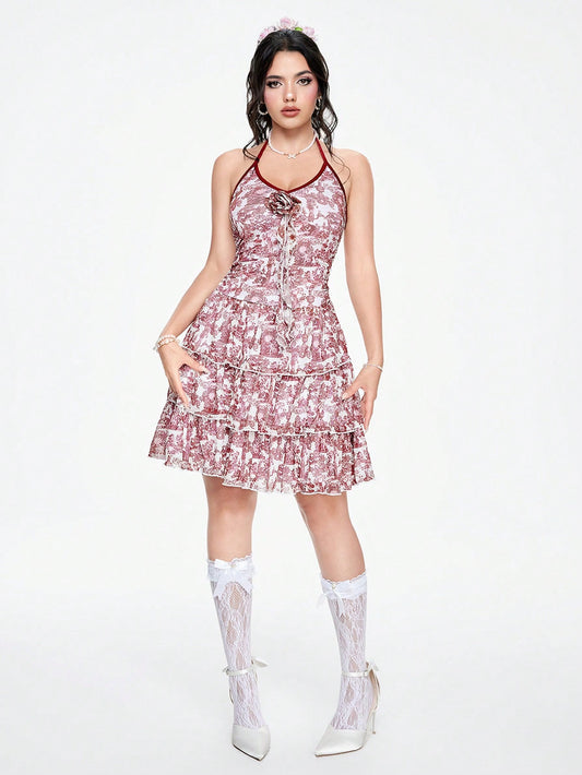 ROMWE Fairycore Vestido de verano para mujer estilo cami de renacimiento retro de palacio, con estampado completo y volantes