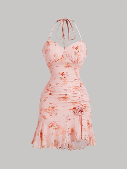 SHEIN MOD Vestido corto de cuello halter con volantes y estampado de flores y paisley, vestido de fiesta, vestido floral rosado, vestido corto, vestido estilo dinero antiguo, vestido corto occidental, vestido básico, vestido sexy