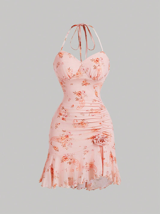SHEIN MOD Vestido corto de cuello halter con volantes y estampado de flores y paisley, vestido de fiesta, vestido floral rosado, vestido corto, vestido estilo dinero antiguo, vestido corto occidental, vestido básico, vestido sexy