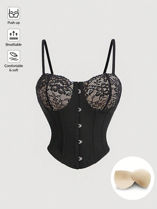 SHEIN MOD Camisola con corsé de encaje negro para mujer, sujetador de estilo palaciego vintage al estilo de dinero antiguo, conjunto sexy para mujer para conciertos, top de verano con corsé