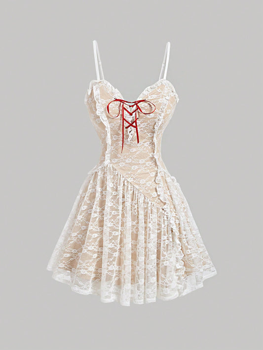 SHEIN MOD Vestido camisero romántico con tirantes de lazo, volantes de encaje y borde plisado, conjunto para festival, vestido de mujer, vestido mini, vestido fluido, vestidos de otoño, conjunto para concierto