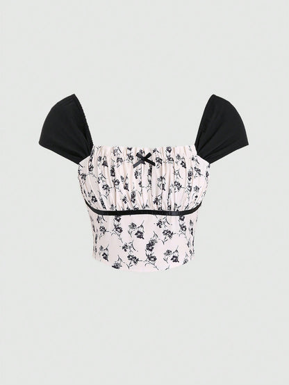 Flirla Mujeres camisa llena de pliegues con estampado y parche de arco, fashion diario para primavera y verano