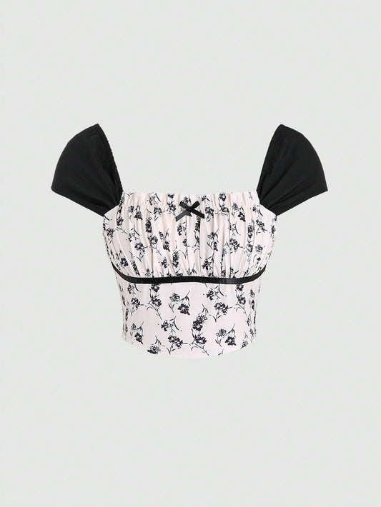 Flirla Mujeres camisa llena de pliegues con estampado y parche de arco, fashion diario para primavera y verano