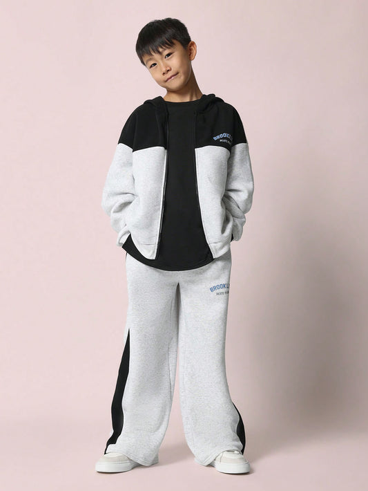 Conjunto de 2 piezas para niño preadolescente con sudadera con capucha con bloques de color cómoda y cremallera y pantalón de chándal de corte holgado