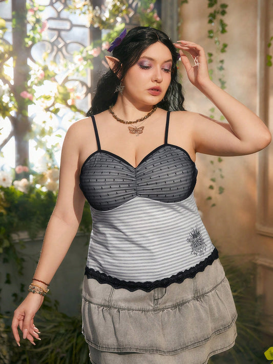 ROMWE Fairycore Talla grande Top de tirantes con estampado de rayas ribete con encaje