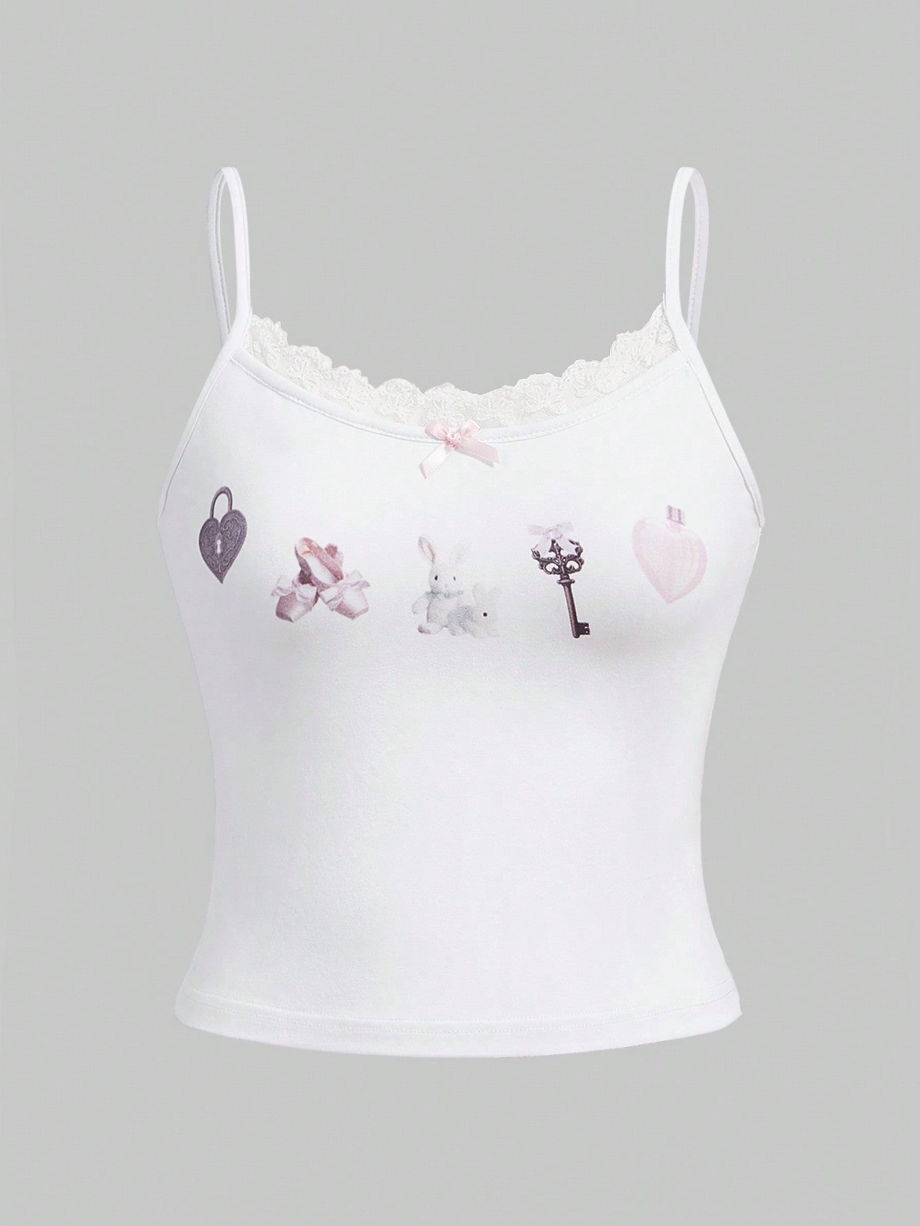 ROMWE Kawaii 1 pieza Top de tirantes con estampado de dibujos animados ribete con encaje