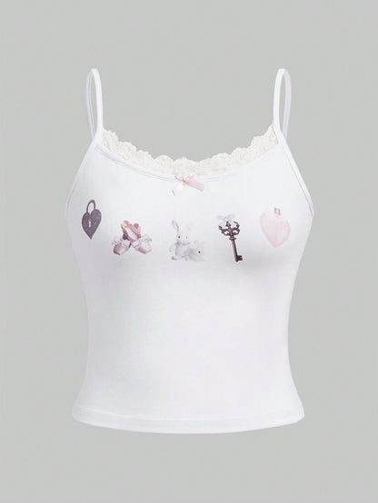 ROMWE Kawaii 1 pieza Top de tirantes con estampado de dibujos animados ribete con encaje
