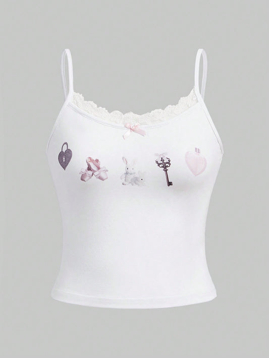 ROMWE Kawaii 1 pieza Top de tirantes con estampado de dibujos animados ribete con encaje