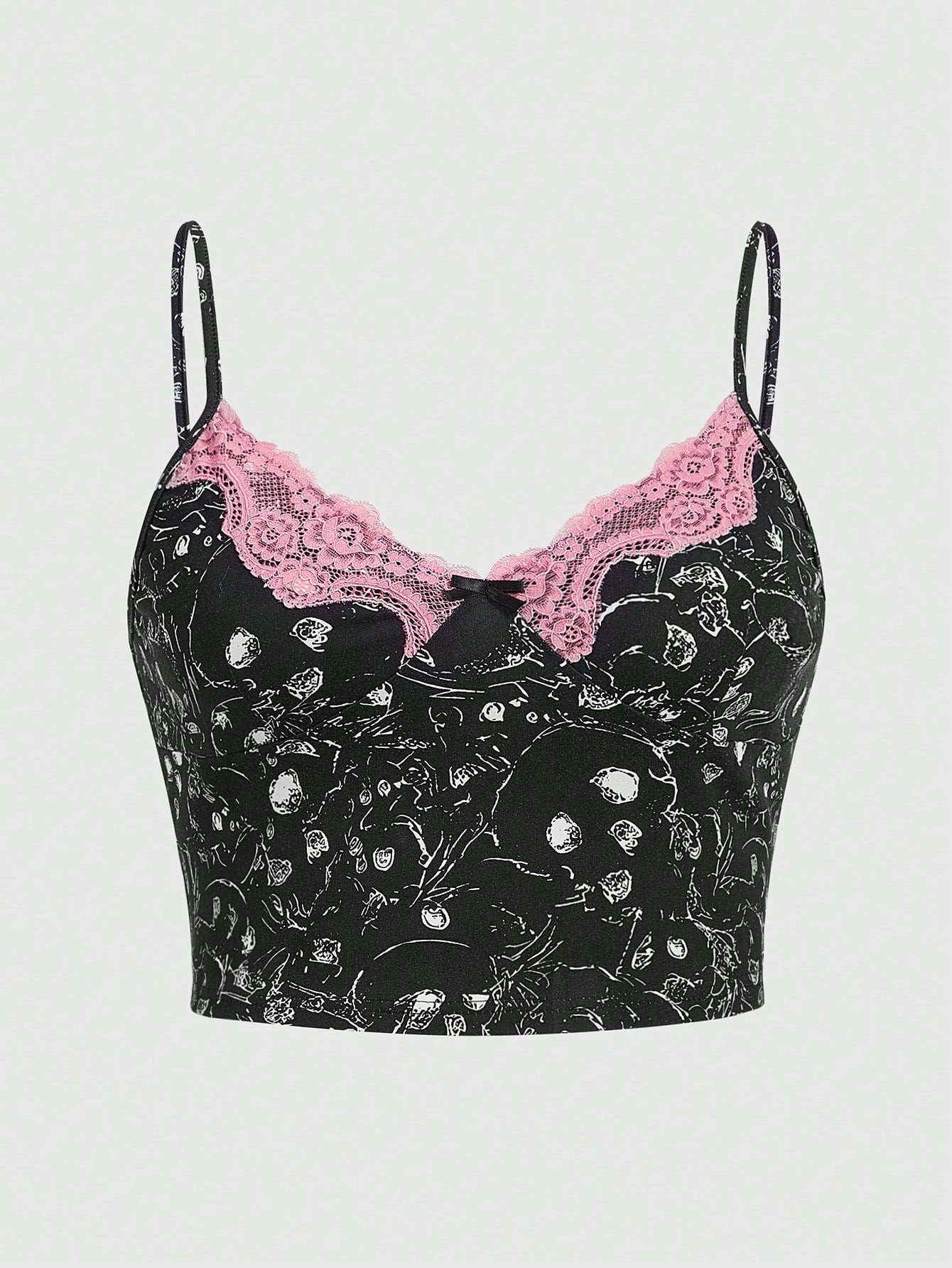 ROMWE Kawaii Camiseta De Tirantes De Encaje Con Parche Gráfico Y Pachwork En Talla Grande Para Mujer