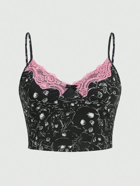 ROMWE Kawaii Camiseta De Tirantes De Encaje Con Parche Gráfico Y Pachwork En Talla Grande Para Mujer