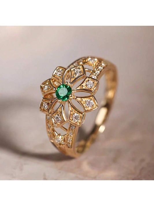 1 anillo de flor de topacio verde sintético vintage, con forma redonda y hueca, adecuado para el uso diario de las mujeres, joyería para bodas y fiestas, compromiso, regalo de aniversario