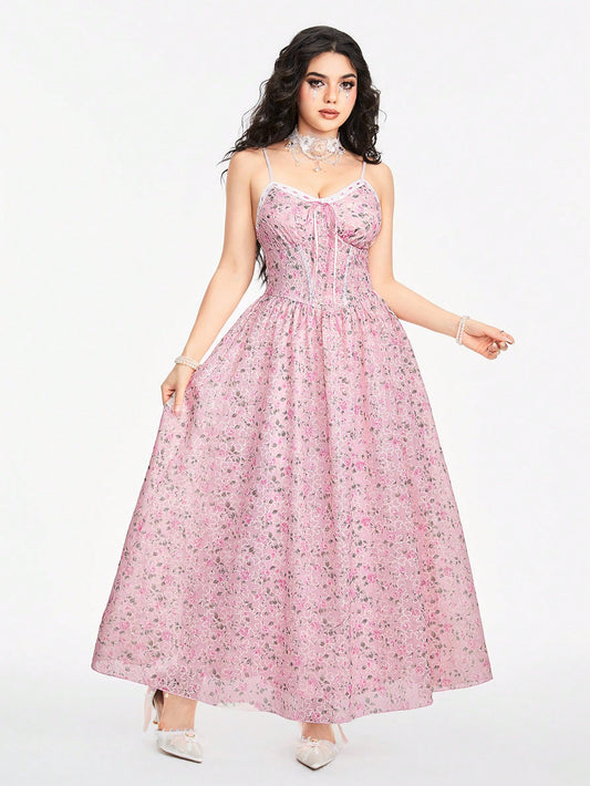 ROMWE Kawaii Vestido de tirantes finos con estilo romántico y campestre para niñas, de diseño de retazos con estampado floral diminuto y volante con encaje en el bajo