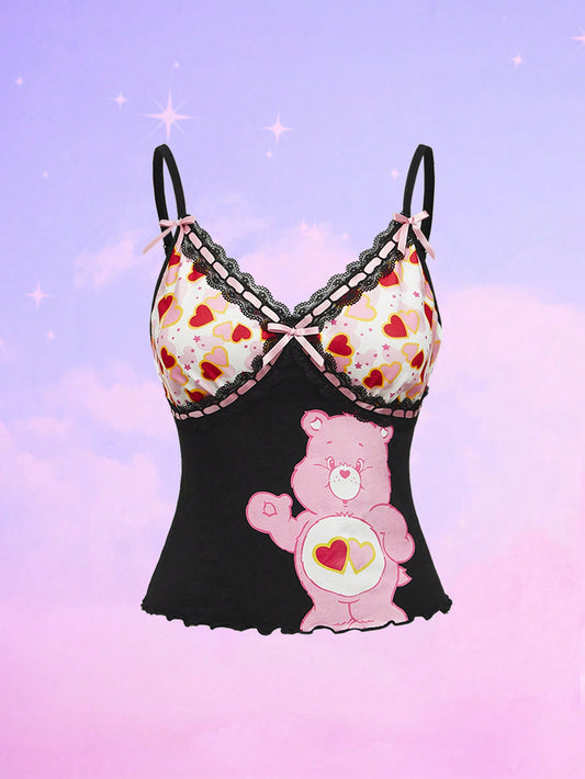 ROMWE X Care Bears Top camiseta ajustada para mujer con estampado de oso de dibujos animados y corazones, con lazo decorativo y ribete de lechuga, para el verano