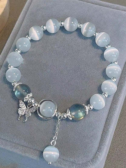 1 brazalete sencillo de piedra lunar gris y cristal natural de ojo de gato con cuentas, accesorios versátiles y elegantes para chicas