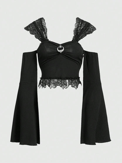 ROMWE Goth Top Gótico Sexy De Manga Acampanada Con Hombros Descubiertos Y Ribete De Encaje Para Mujer Con Adornos Metálicos De Estrella Y Luna