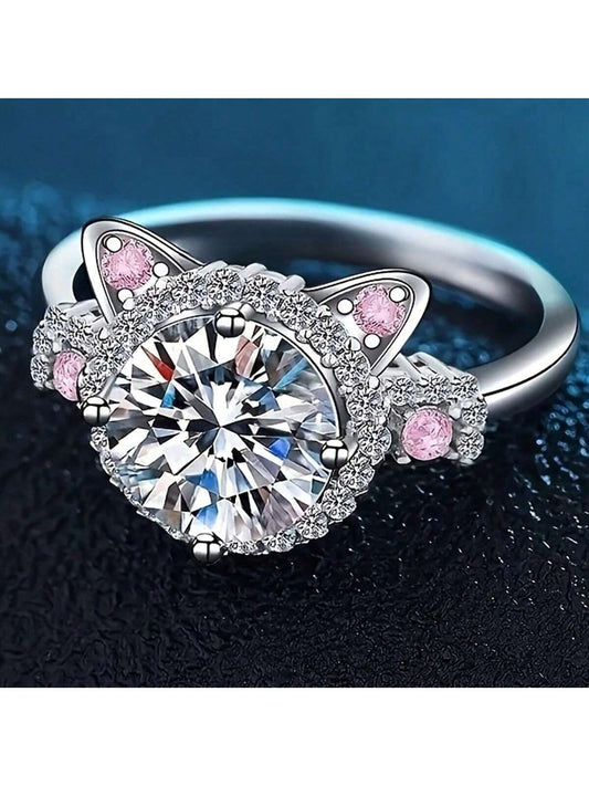 Nuevo anillo de promesa estilo coreano con encantador diseño de cabeza de gato con cristal rosa de rhinestone, accesorio de moda de aleación adecuado para uso diario, fiestas, reuniones y como regalo