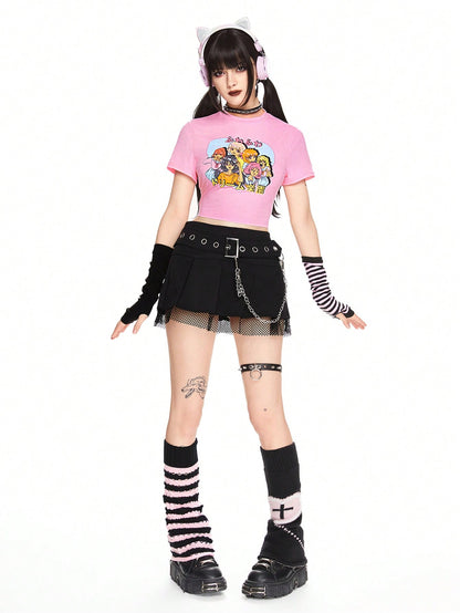 ROMWE Anime Camiseta corta de verano informal con estampado de dibujos animados