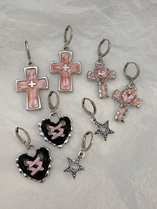 Set de 4 pares de pendientes con adornos de cruz, corazón y estrella, estilo fashionable Y2K, pendientes tipo mariposa rosas dulces y soñadores, accesorios de joyería de estilo