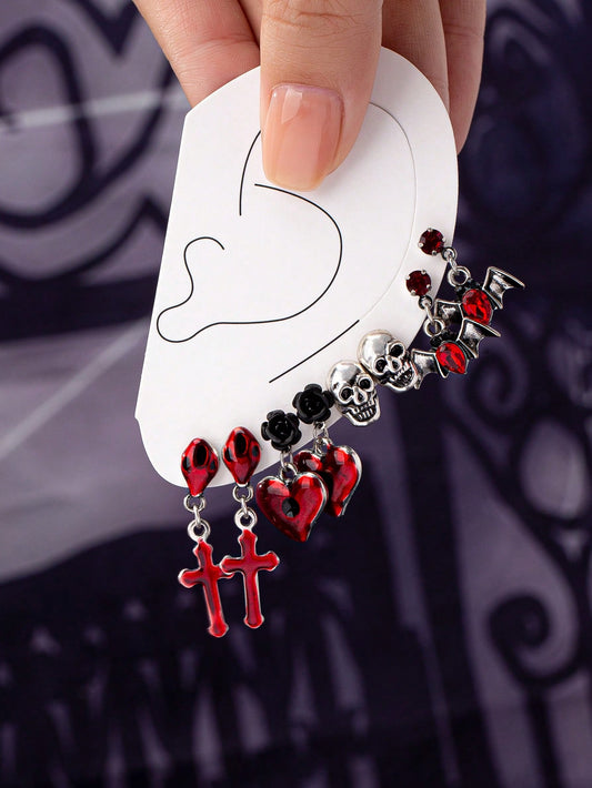 Juego de 8 piezas de aretes góticos de vampiro, conjunto de aretes con cruz roja, corazón, calavera y murciélago para mujeres en San Valentín