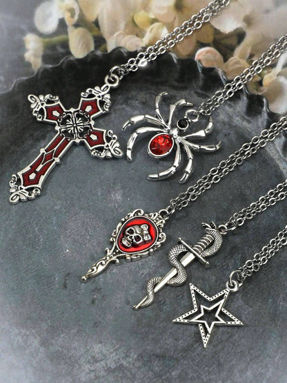 Set de 5 collares con colgantes de araña con diamantes de imitación, cruz, estrella, calavera, serpiente y media luna en estilo espejo, con cadena de acero inoxidable, en bohemia, hip hop y de personalidad.
