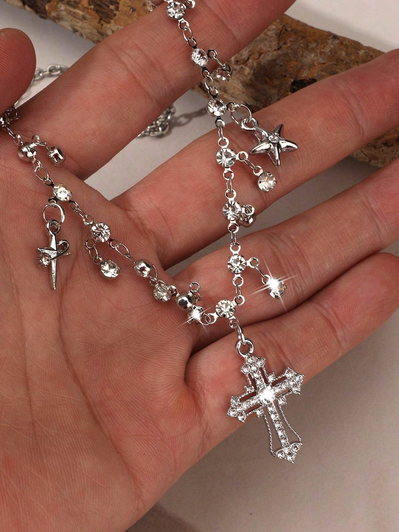 Collar De Colgante De Borla De Cruz Personalidad En Forma De Estrella Con Incrustaciones De Diamantes Para Mujeres, Decoración De Alta Gama, Estilo Gótico, Adecuado Para La Moda Y2k, Haciéndote Brillar Y Único