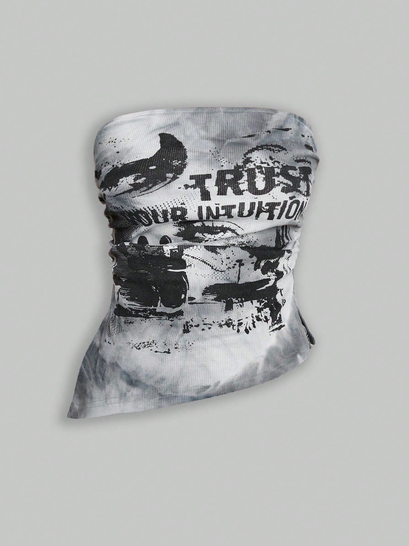 ROMWE Grunge Punk Top tubo ajustado corto con estampado de ojo en tie-dye negro y gris, bajo asimétrico, estilo punk del páramo