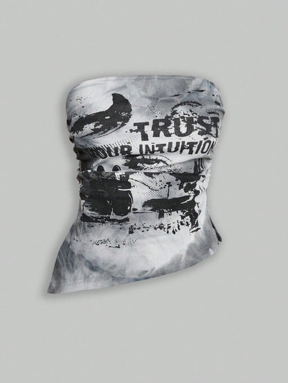 ROMWE Grunge Punk Top tubo ajustado corto con estampado de ojo en tie-dye negro y gris, bajo asimétrico, estilo punk del páramo