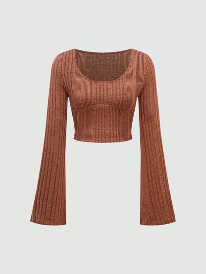 SHEIN Sweetro Parte superior de manga de campana de unicolor casual para mujer, primavera/otoño