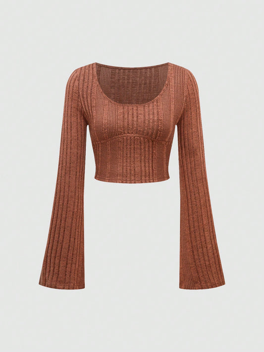 SHEIN Sweetro Parte superior de manga de campana de unicolor casual para mujer, primavera/otoño