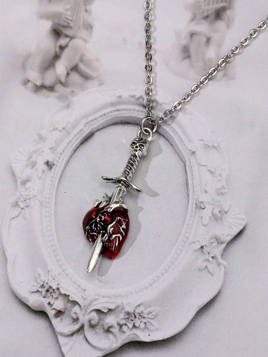 ROMWE Goth Collar Colgante Con Diseño Gótico De Cabeza De Cráneo Y Espada & Corazón En Forma De Colgante