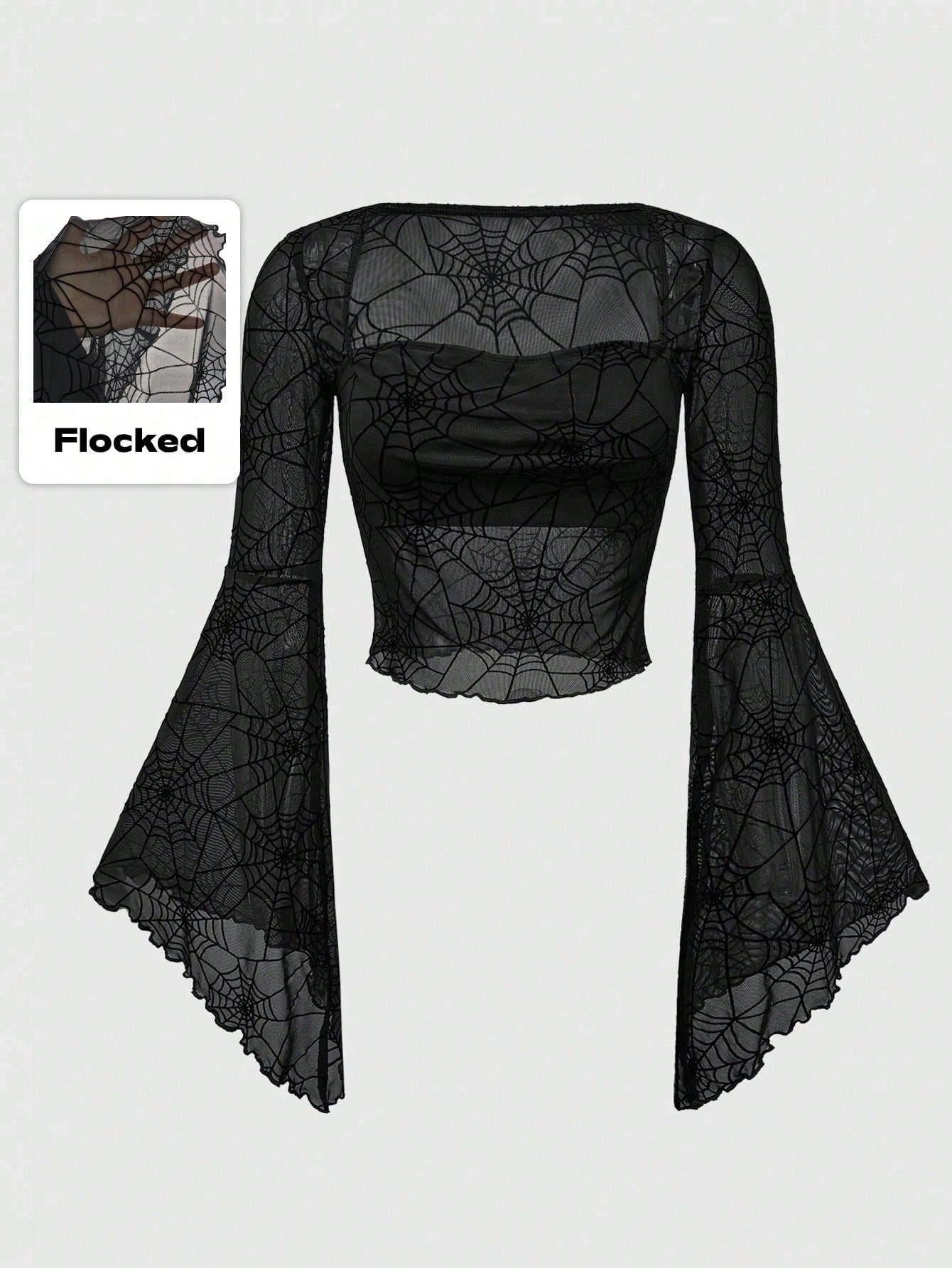 ROMWE Goth Top corto con cuello alto, mangas acampanadas y cintura ajustada con estampado de telaraña gótico, para Navidad
