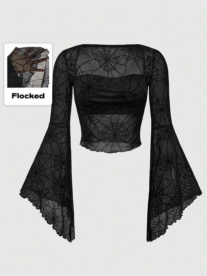 ROMWE Goth Top corto con cuello alto, mangas acampanadas y cintura ajustada con estampado de telaraña gótico, para Navidad