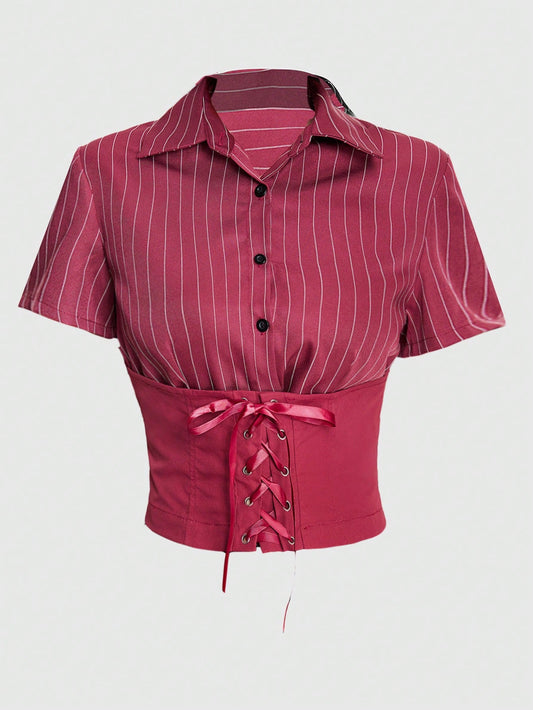 ROMWE Fairycore Blusa casual de mujer de verano con manga corta, rayas y cintura con cordón, para la escuela