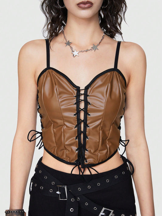ROMWE Grunge Punk Camiseta sin tirantes con diseño de cordones en el frente y aplicaciones de piel y parches en estilo vintage Y2K para mujeres