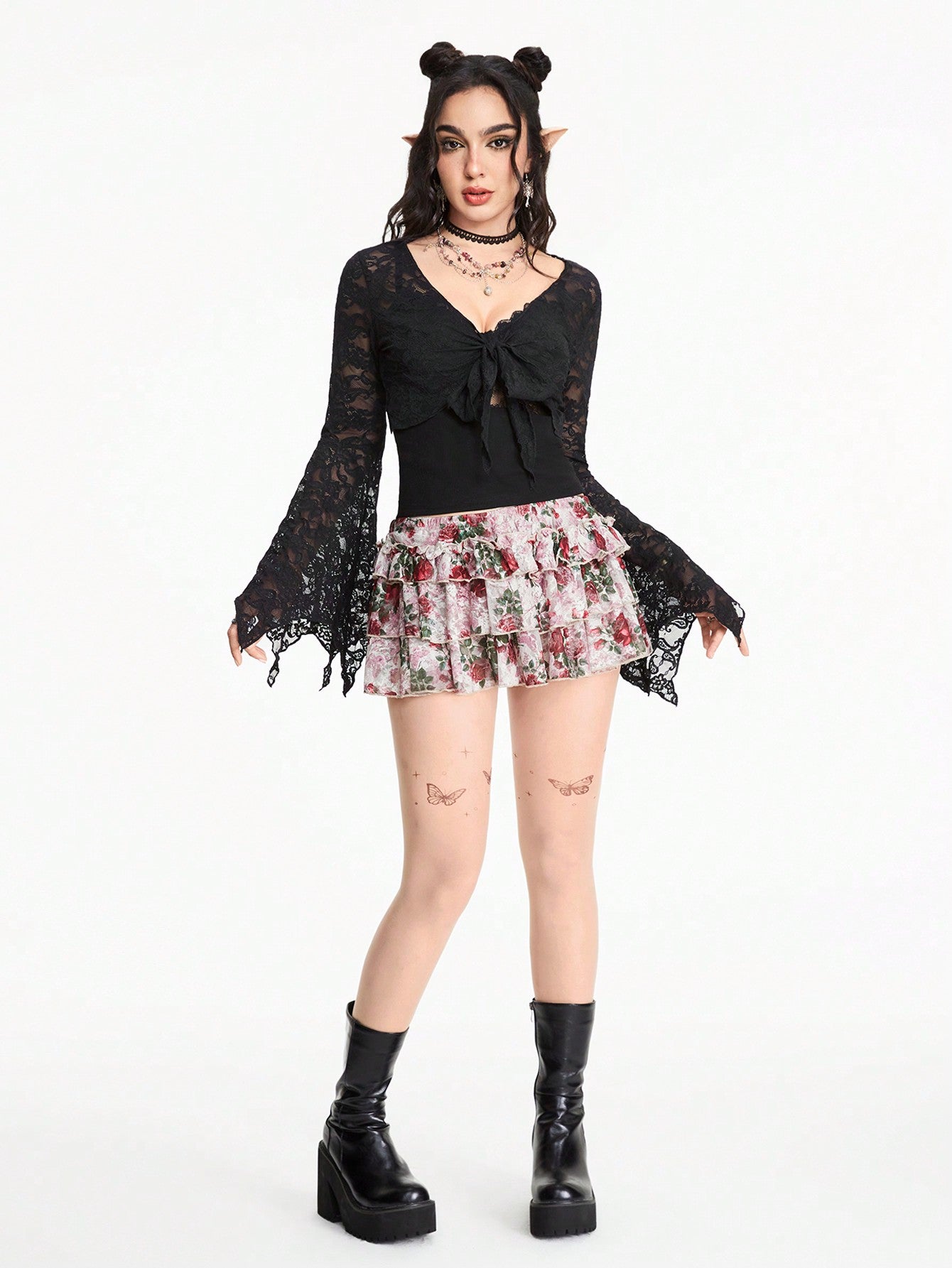 ROMWE Hippie Blusa informal con mangas largas, patchwork de encaje y nudo en la parte delantera para mujeres