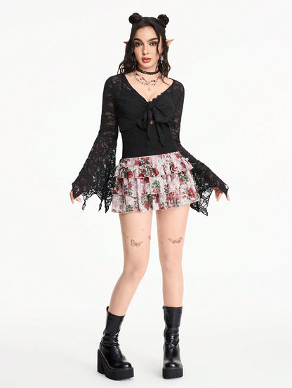 ROMWE Hippie Blusa informal con mangas largas, patchwork de encaje y nudo en la parte delantera para mujeres