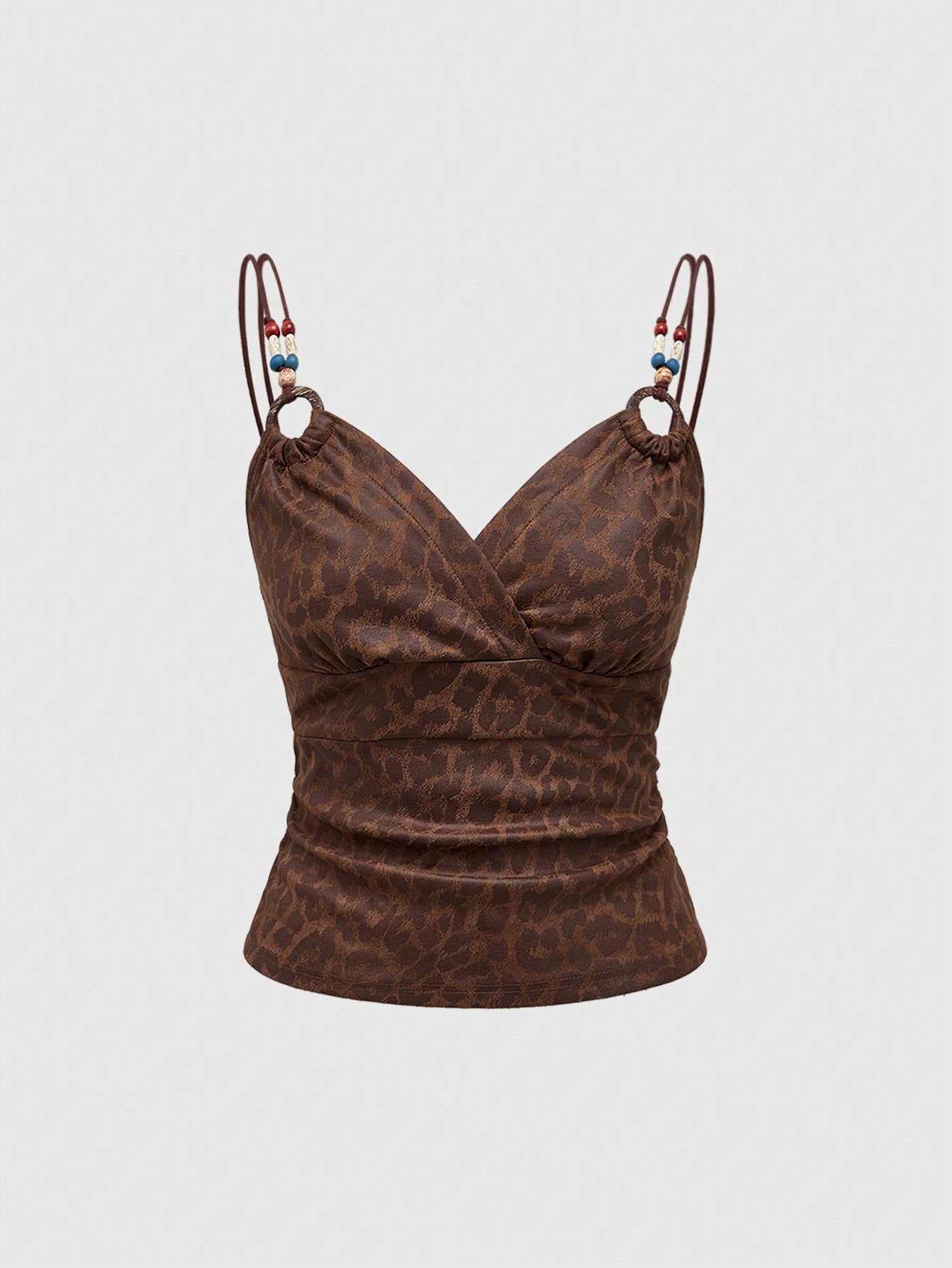 ROMWE Hippie Blusa de tirantes de estilo hippie con cuentas, de suave estampado de leopardo, en estilo vintage para el verano