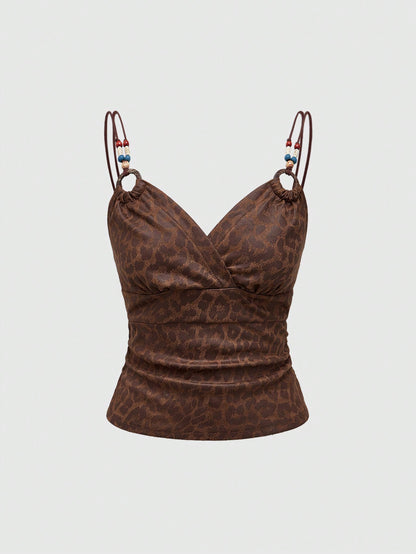 ROMWE Hippie Blusa de tirantes de estilo hippie con cuentas, de suave estampado de leopardo, en estilo vintage para el verano