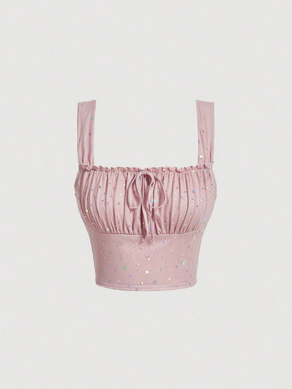 SHEIN MOD Top de tirantes con diseño de lentejuelas con cordón delantero pecho con fruncido