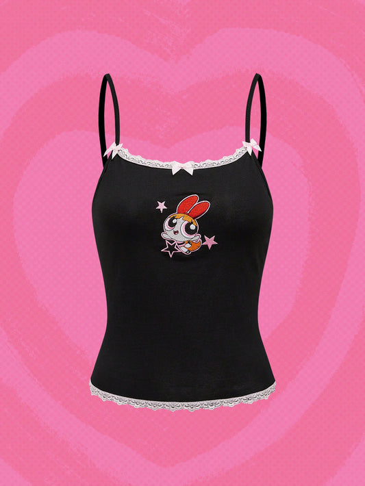 The Powerpuff Girls | ROMWE Camiseta de tirantes con bordado de dibujos animados y detalle de lazo de encaje, verano