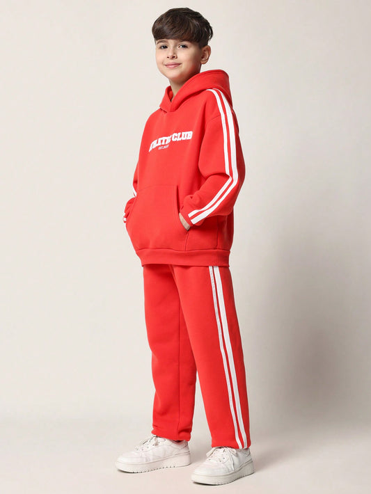 SUMWON Conjunto de 2 piezas para niños preadolescentes compuesto por sudadera con capucha de ajuste regular y pantalón deportivo cómodos con cinta lateral y estampado gráfico