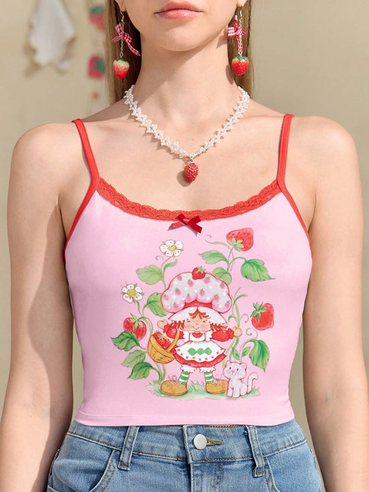Strawberry Shortcake X SHEIN Blusa de tirantes de contraste rosa de verano, con ribete de encaje, estampado de niña de fresa, ajustada y corta, dulce y linda