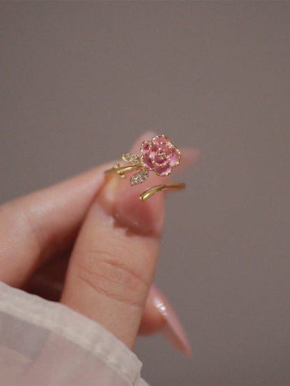 1 pieza Anillo abierto con flor de camellia de circonita francesa rosa