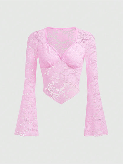 Sweetness Blusa De Manga Acampanada Y Encaje De Color Sólido Para Mujeres