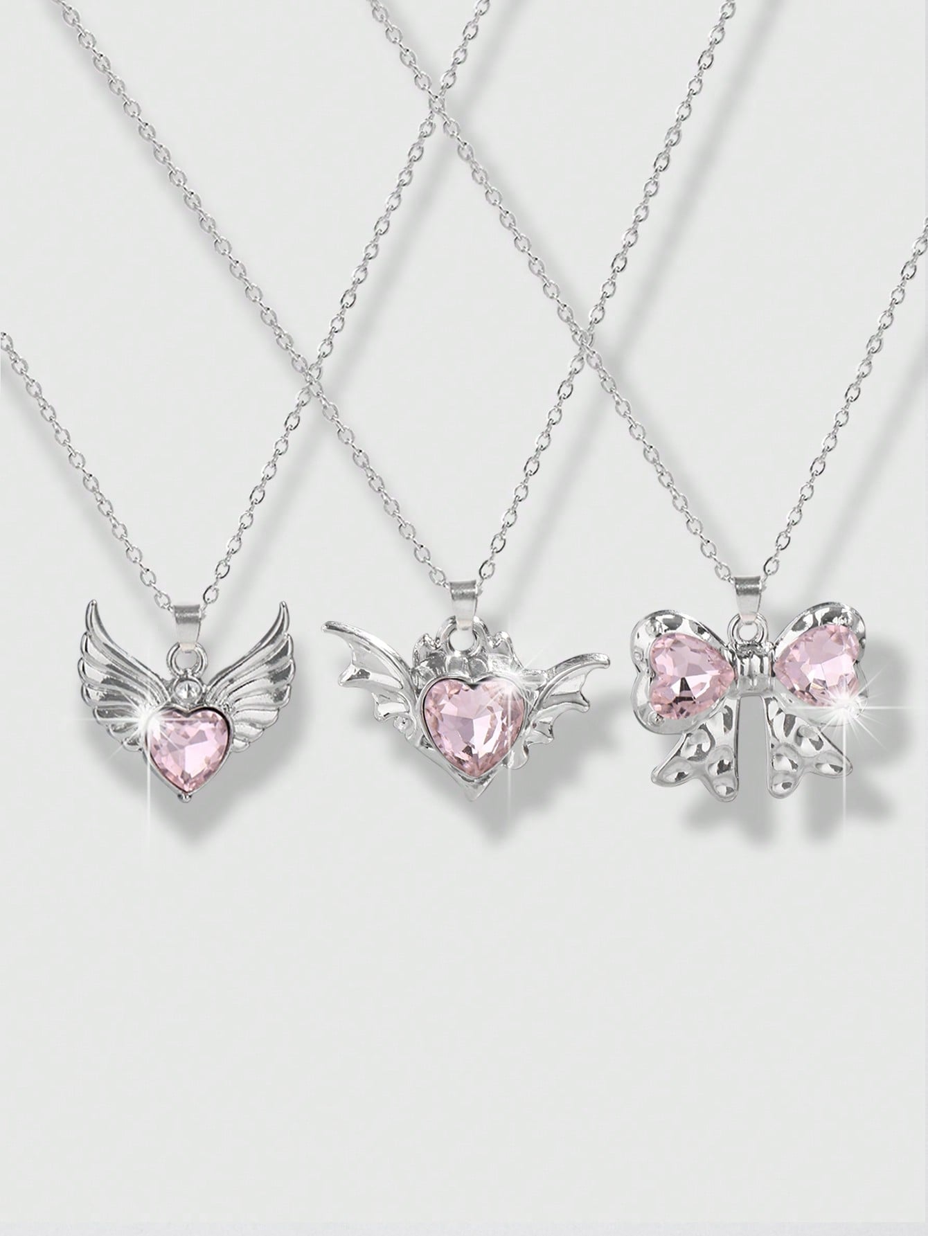ROMWE Kawaii Set de 3 collares de corazón con detalle de lazo de cristal de color rosa con incrustaciones de estilo europeo y estadounidense INS, perfecto para San Valentín