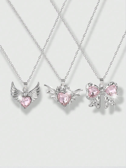 ROMWE Kawaii Set de 3 collares de corazón con detalle de lazo de cristal de color rosa con incrustaciones de estilo europeo y estadounidense INS, perfecto para San Valentín