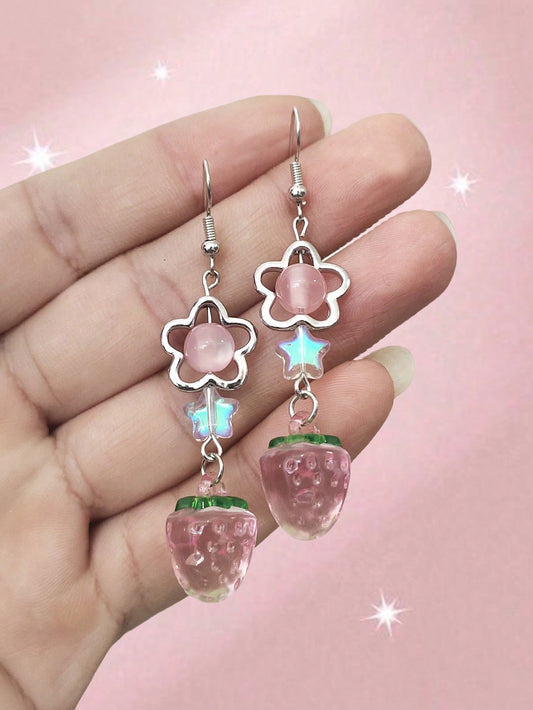 ROMWE Kawaii Linda Estrella De Arcilla Polimérica Con Cuentas, Pendiente Con Diseño De Fresa Y Colgante, Regalo De Joyería