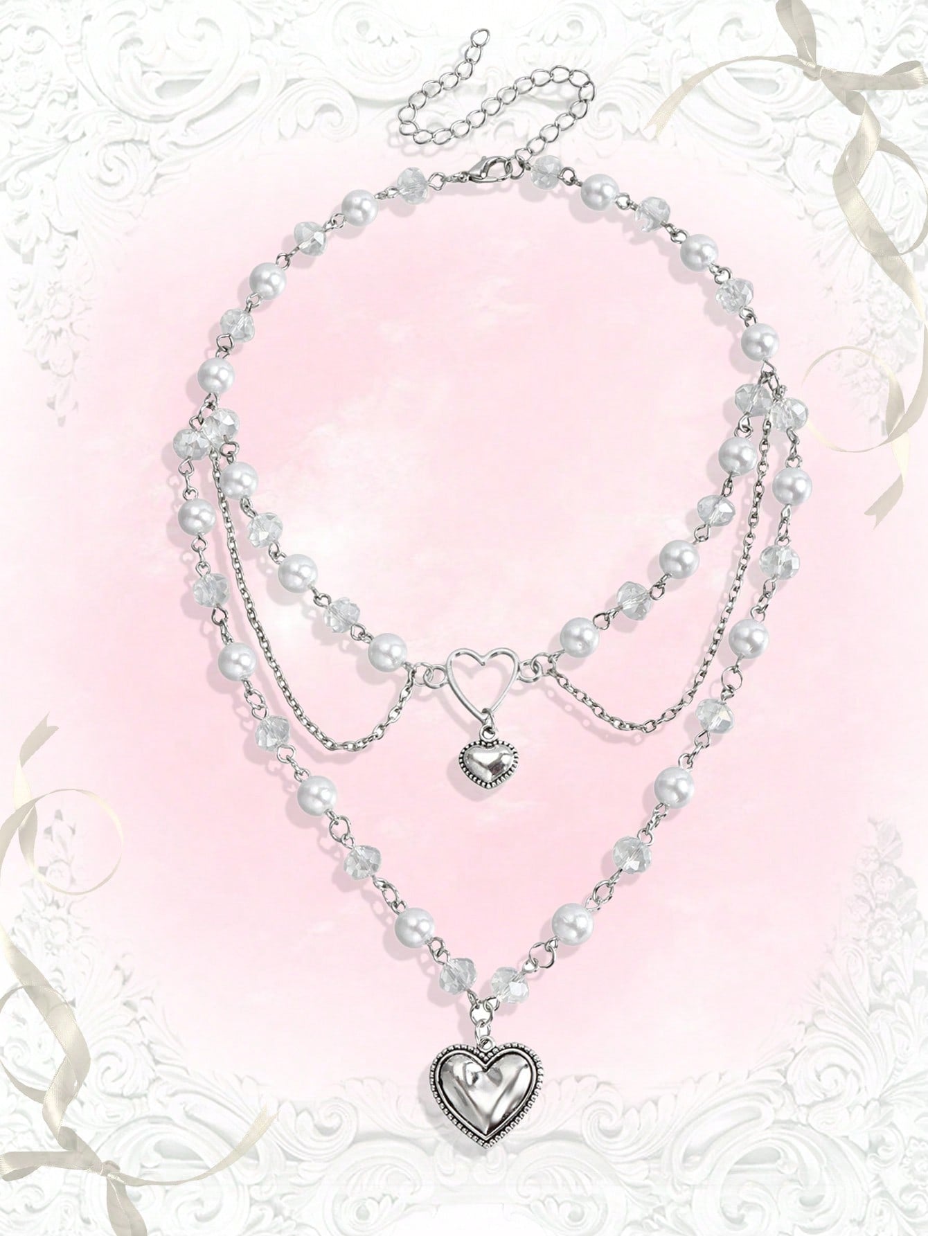 ROMWE Kawaii 1 pieza Lindo collar colgante con perla falsa, corazones y borlas para el Día de San Valentín